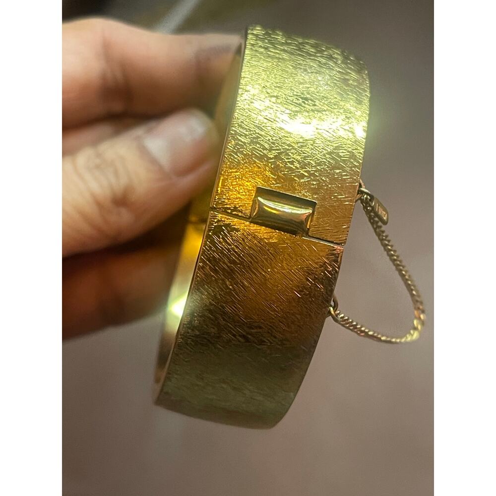 Vintage MONET Gold Florentine Hinged Bangle Bracelet Wide Cuff Safety Chain